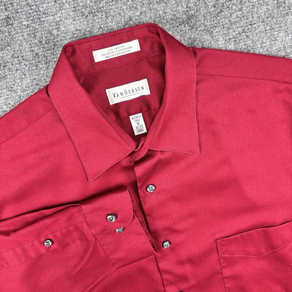 Van Heusen Shirt 16 32/33 Burgundy Red Lux Sateen Wrinkle Free Pocket